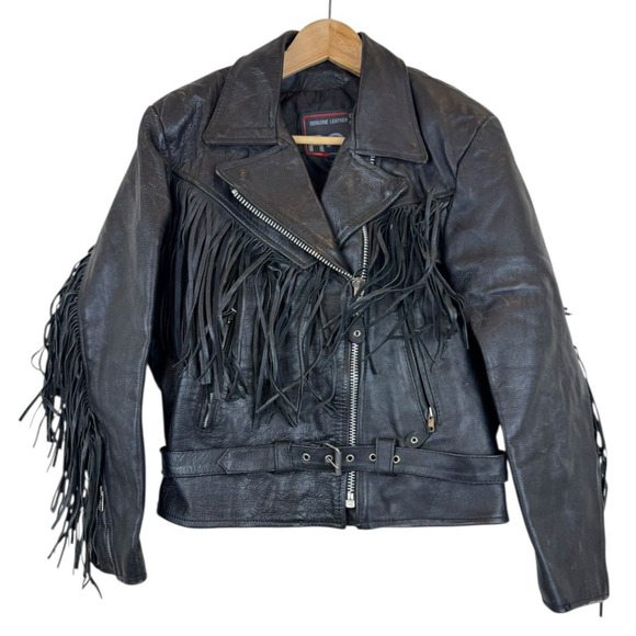 Vtg 90s RGC Womens Fringe Biker Leather Jacket Sz 14 Fits M/L Motorcycle Western - Picture 1 of 6
